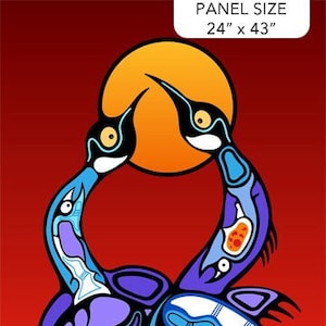 May include: A colourful painting of two stylised birds with blue, purple and white feathers, facing each other with a large orange sun between them. The birds are standing on a blue background with a green turtle and many blue fish. The painting is titled "PANEL SIZE 24" x 43"