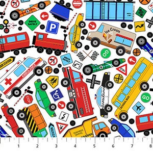 All Around Town from Northcott, Vehicles and Road signs, Train, Bus and Car Fabric 100% Cotton, 24244-10