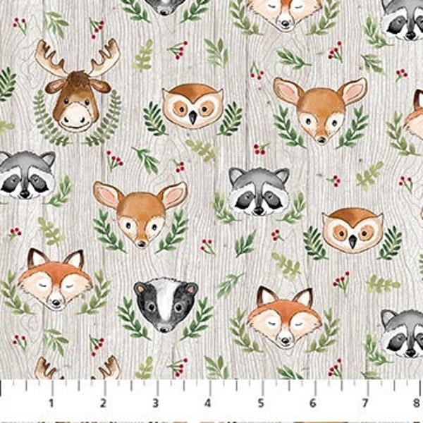 Woodland Adventures by Northcott, Forest Animals Heads, Baby Nursery Print, Cotton, Moose, Owl, Racoon, Fox, Skunk, Deer Fabric 25266-94