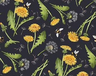 Beecroft by Northcott, Dandelion Toss, Bumblebees, Dandelion Seeds 100% Cotton, 43 inches wide, 26672-97