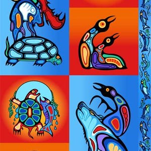 May include: A colourful fabric panel with a Native American art design featuring a wolf, a turtle, a fish, and a bird. The panel is 24 inches by 43 inches.