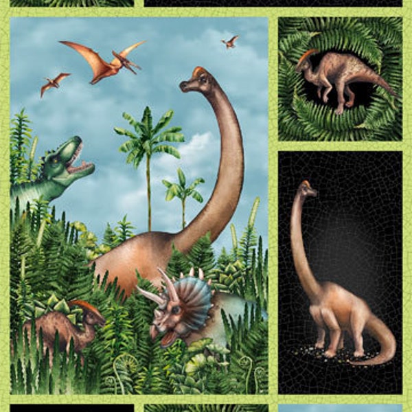 Paleo Tales Dinosaur Quilt Panel by Northcott, 100% Cotton 24x 43