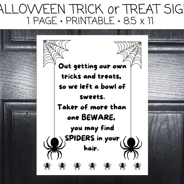 Halloween Sign Printable Trick or Treat Door Sign Funny Take Candy Spider 8.5x11