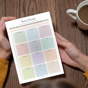 Puede incluir: Una hoja de planificador de tareas Brain Dump que presenta una cuadrícula de cajas de colores pastel con encabezados que incluyen Calls to make, Emails to send, Texts to send, Follow ups, To schedule, Today, Appointments, This week, Shopping list, To research, Tomorrow y Notes.