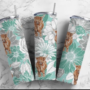 Turquoise Highland Cow Cup Tumbler | Metal 20 oz Sublimation Tumbler | Western Floral Tumbler Cup | Farm Girl Farm Wife  Cup Gift