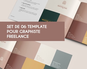 Lot de 7 modèles graphiste français, Parcours client, Questionnaire, Charte graphique, Logo de la présentation, Stratégie de marque, Facture