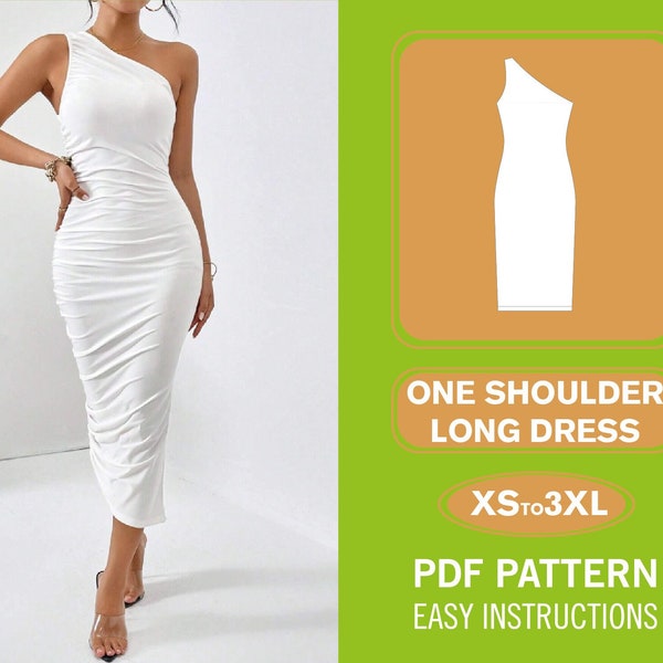 One Shoulder Long Dress Sewing Pattern | XS-XXXL | Sewing Pattern | Easy Dress Pattern | Fancy Dress Pattern | PDF Pattern