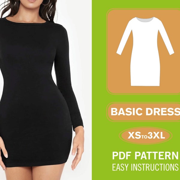 Bodycon Dress Sewing Pattern | XS-XXXL | Long Sleeve Dress Pattern | Beginner Pattern | Women Sewing Pattern | Easy Dress PDF Pattern