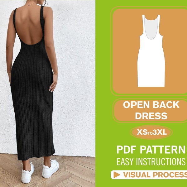 Modèle de robe dos ouvert | XS-XXXL | Modèle de couture | Robe tube moulante licou | Modèle de couture de robe en tricot | Modèle PDF