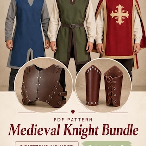 Puede incluir: Un paquete de patrones PDF para disfraces de caballero medieval que incluye tres túnicas en azul, verde y rojo con un emblema de cruz dorada, una pechera de aspecto cuero marrón con tachuelas metálicas y brazaletes de aspecto cuero marrón.