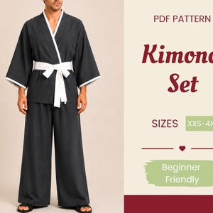 Puede incluir: Un conjunto de kimono gris oscuro que incluye una parte superior estilo cruzado con ribete blanco y pantalones anchos, asegurado con un lazo blanco en la cintura. El texto dice PDF PATTERN, Kimono Set, SIZES XXS-4XL y Beginner Friendly.