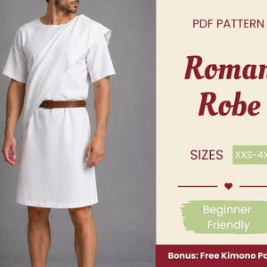 Puede incluir: Una túnica blanca de manga corta con un panel drapeado en el hombro y un cinturón marrón. El texto dice: PDF PATTERN, Roman Robe, SIZES XXS-4XL, Beginner Friendly, Bonus: Free Kimono Pattern. El diseño presenta un cuello redondo sencillo.