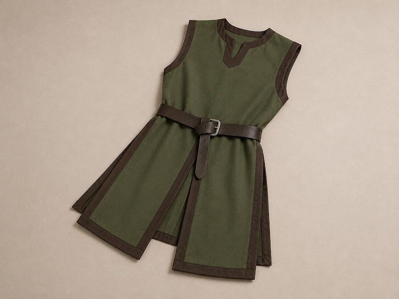 May include: A sleeveless olive green tunic featuring a dark brown trim along the neckline, armholes, and hem. The garment includes a front slit and a dark brown leather-like belt with a metal buckle cinched around the waist area.