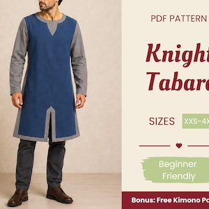 Könnte beinhalten: Ein blauer und grauer Tabard mit rundem Ausschnitt und Schlitz vorne, kombiniert mit einer grauen Hose und braunen Schuhen. Der Text lautet: PDF PATTERN, Knight Tabard, SIZES XXS-4XL, Beginner Friendly, Bonus: Free Kimono Pattern.