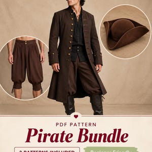 May include: A PDF pattern Pirate Bundle featuring three patterns for a brown tricorn hat, a long brown coat with brass buttons, and brown knee-length breeches with side ties. The text reads PDF Pattern Pirate Bundle, 3 PATTERNS INCLUDED, Beginner Friendly.