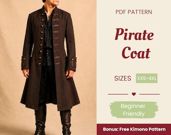 May include: A PDF pattern for a long, dark brown coat featuring a high collar, a front row of metallic buttons, and decorative horizontal tabs. The text reads PDF PATTERN, Pirate Coat, SIZES XXS-4XL, Beginner Friendly, and Bonus: Free Kimono Pattern.