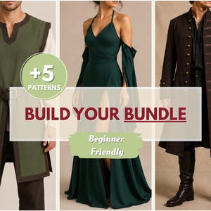 Puede incluir: Una colección de patrones de costura que incluye una túnica verde con ribete marrón, un vestido largo de color verde oscuro con una abertura alta y mangas caídas, y un abrigo largo marrón oscuro con botones. Texto: +5 PATTERNS, BUILD YOUR BUNDLE, Beginner Friendly.