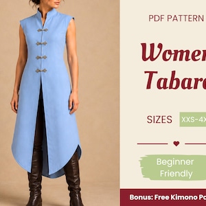 Può includere: Una tunica senza maniche azzurra con colletto alto e quattro chiusure decorative in metallo sul davanti. Il testo a destra riporta PDF PATTERN, Women Tabard, SIZES XXS-4XL, Beginner Friendly e Bonus: Free Kimono Pattern.