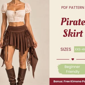 Może przedstawiać: Brązowa spódnica z asymetrycznym dołem, wyposażona w boczne sznurki z wiszącymi koralikami. Tekst po prawej stronie brzmi: PDF PATTERN, Pirate Skirt, SIZES XXS-4XL, Beginner Friendly, Bonus: Free Kimono Pattern.