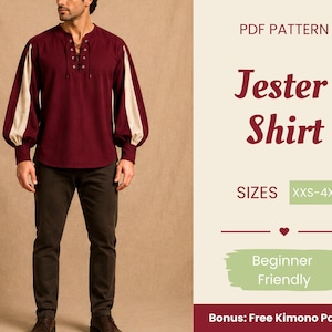 May include: A PDF pattern for a Jester Shirt in sizes XXS-4XL. The shirt is burgundy with cream-colored sleeve panels, featuring a lace-up front neckline and long, full sleeves with cuffs. The text reads PDF PATTERN, Jester Shirt, SIZES XXS-4XL, Beginner Friendly, and Bonus: Free Kimono Pattern.