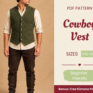 Op de afbeelding: Een PDF-patroon voor een donker olijfgroen vest met een opstaande kraag, vijf goudkleurige knopen en twee voorzakken. De tekst luidt: PDF PATTERN, Cowboy Vest, SIZES XXS-4XL, Beginner Friendly, Bonus: Free Kimono Pattern.