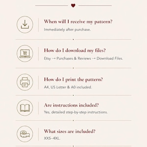 May include: An FAQ information graphic with dark red text on a light beige background. It lists six questions regarding digital pattern downloads, printing formats including A4 and A0, size ranges from XXS to 4XL, and contact instructions.