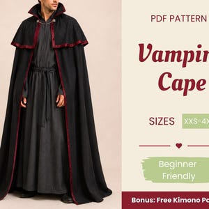 Puede incluir: Una capa negra larga hasta el suelo con cuello alto y ribete rojo oscuro, con un cierre de cadena plateada en el cuello. El texto dice PDF PATTERN Vampire Cape SIZES XXS-4XL Beginner Friendly Bonus: Free Kimono Pattern.