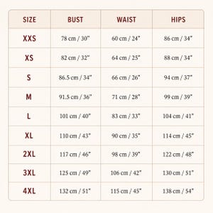 May include: A size chart table with dark brown text on a light beige background. The columns are labeled Size, Bust, Waist, and Hips. Rows list sizes from XXS to 4XL with corresponding measurements in centimeters and inches for each body area.
