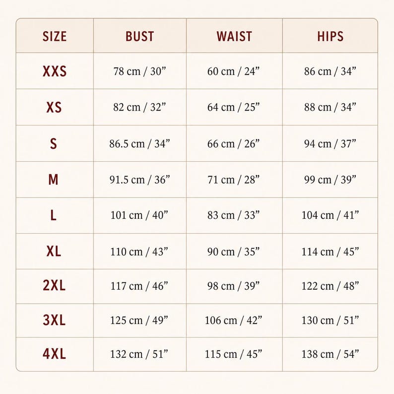 May include: A size chart table with dark brown text on a light beige background. The columns are labeled Size, Bust, Waist, and Hips. Rows list sizes from XXS to 4XL with corresponding measurements in centimeters and inches for each body area.