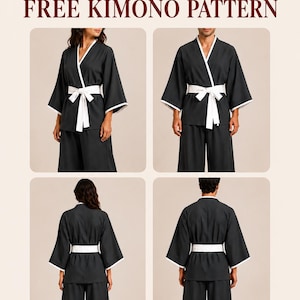 May include: A black kimono-style jacket with white trim and a white tie-waist belt, shown from front and back views. The text reads BONUS: FREE KIMONO PATTERN and UNISEX PATTERN. The garment features wide sleeves and a wrap-front design.