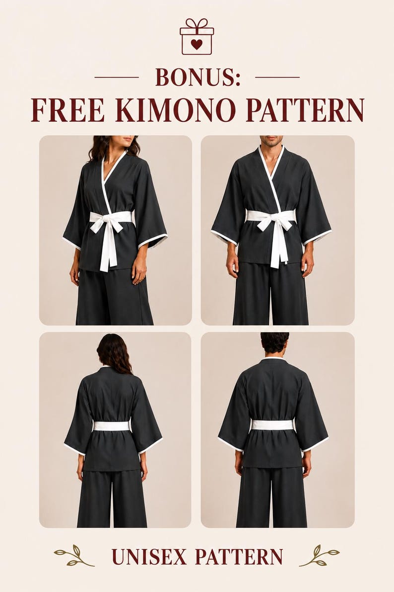 May include: A black kimono-style jacket with white trim and a white tie-waist belt, shown from front and back views. The text reads BONUS: FREE KIMONO PATTERN and UNISEX PATTERN. The garment features wide sleeves and a wrap-front design.