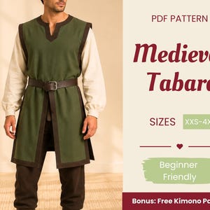 May include: A PDF pattern for a medieval tabard featuring a green sleeveless tunic with dark brown trim, a notched neckline, and a dark brown belt. The text reads PDF PATTERN, Medieval Tabard, SIZES XXS-4XL, Beginner Friendly, and Bonus: Free Kimono Pattern.
