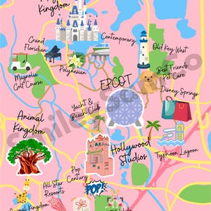 May include: A pink and yellow map of the Walt Disney World Resort in Orlando, Florida. The map shows the locations of the different theme parks, hotels, and other attractions. The theme parks include Magic Kingdom, Epcot, Hollywood Studios, and Animal Kingdom. The hotels include the Grand Floridian, Polynesian, Contemporary, Yacht & Beach Club, Pop Century, All-Star Resorts, and Old Key West. Other attractions include Magnolia Golf Course, Best Friends Pet Care, Disney Springs, and Typhoon Lagoon.