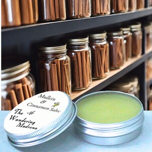 May include: A silver tin containing green salve, next to a closed tin with a label reading "Mullein & Cinnamon Salve" and "The Wandering Madrona." Jars of cinnamon sticks are visible in the background.