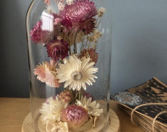 Cupola di vetro con fiori secchi fatta a mano / Fiori di elicriso rosa e gypsophila coltivati in casa - Regalo botanico
