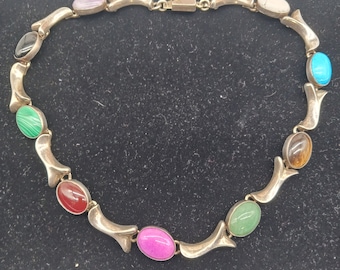 Vintage Taxco Mexico  925 Sterling Silver Multi-colored Oval Gemstones Link Necklace