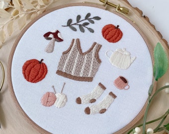 Finished Embroidery Hoop Cozy Autumn Fall Pattern, Ready to Ship Gift, Handmade Item, Cozy Gift Idea