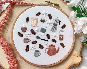 Finished Embroidery Hoop Coffee Shop Design, Cafe, Espresso, Moka Pot, Coffee Bar Decor, Ready to Ship Gift, Handmade Item, Cozy Gift Idea