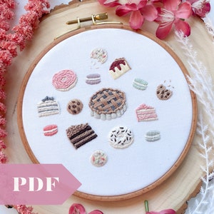 Sweet Treats PDF Guide, ręczne haftowanie cyfrowe do pobrania, kolorowy wzór z ciastem, makaronikami, ciastem, pączkami