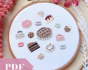 Sweet Treats PDF Guide, Hand Embroidery Digital Download, Colorful Pattern with Pie, Macarons, Cake, Donuts