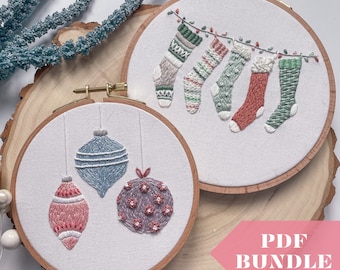 Colorful Christmas BUNDLE PDF Guide, Hand Embroidery Walkthrough, DIY Embroidered Pattern with Tree, Pastel Stockings, Ornaments,