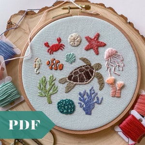 Under the Sea PDF Guide, Hand Embroidery Digital Download, Ocean and Beach Themed Decor