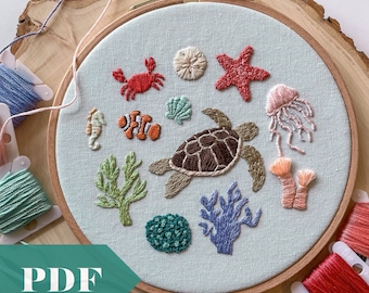 Under the Sea PDF Guide, Hand Embroidery Digital Download, Ocean and Beach Themed Decor