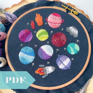 Puede incluir: Arte de bordado en aro con un fondo azul oscuro con planetas coloridos, estrellas y un cohete. Los planetas son de varios tonos de rosa, morado, verde, azul y rojo.