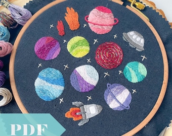 Tiny Planets PDF Guide, Hand Embroidery Digital Download, Galaxy and Space Themed Decor