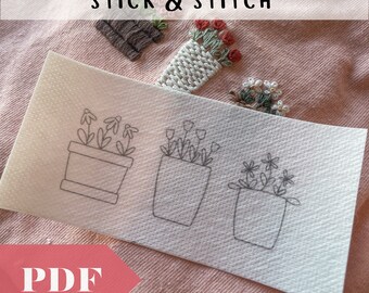 Digital Spring Flower Pots Stick & Stitch Embroidery, Hand Embroidery Supplies, Floral Embroidery for Shirts and Sweatshirts, DIY