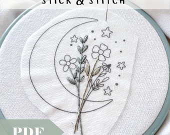 Digital Boho Moon and Stars Stick & Stitch Embroidery, Hand Embroidery Supplies, Floral Embroidery for Shirts and Sweatshirts, DIY