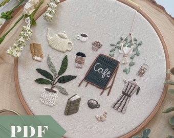 Cozy Coffee Shop PDF Guide, Hand Embroidery Walkthrough, Design with Coffee, Espresso, Latte Art, Macchiato, Houseplant, Pothos, Moka Pot
