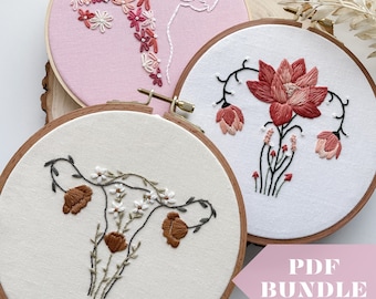 Three Floral Uterus BUNDLE PDF Embroidery Pattern, Immediate Digital Download, DIY Crafts, Learn to Embroidery