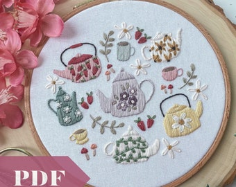 Cozy Tea Party PDF Guide, Hand Embroidery Digital Download, Cozy Pattern with Tea, Teapots, Daisies, Strawberries, Mushrooms